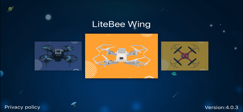 Interface of the LiteBee app showing the LiteBee Wing educational drone selection menu with a space-themed background.