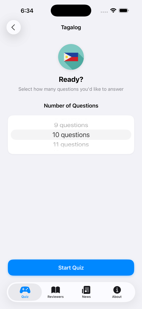 LTO Driver's Exam Reviewer - Tela de configuração de quiz do aplicativo LTO driver exam reviewer em tagalo com seletor de número de questão
