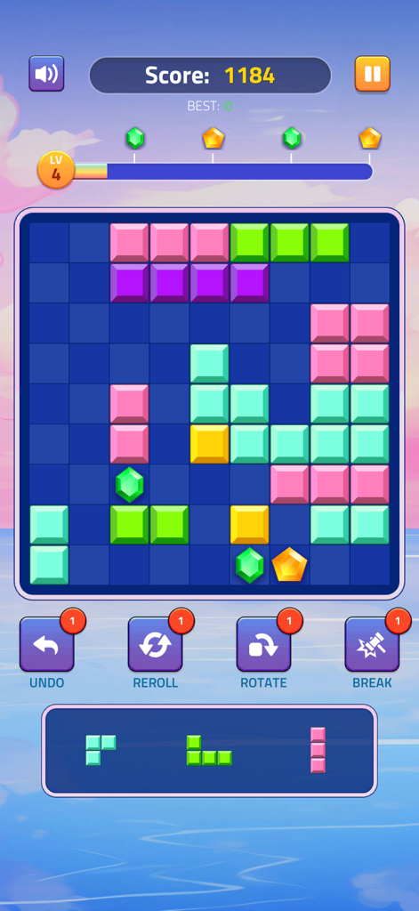 Block Puzzle - Gems Adventure - Pantalla de juego de Block Puzzle Gems Adventure mostrando una cuadrícula con bloques de colores y botones de potenciadores