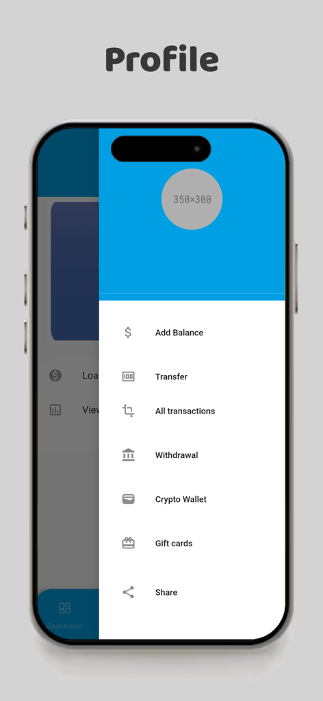 WiseUp Solution - Wallet - Profile menu of the WiseUp Solution Wallet app showing transfer and withdrawal options