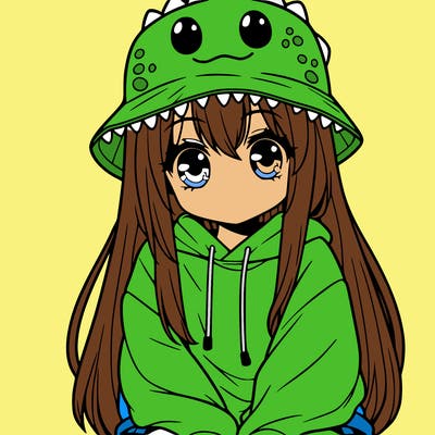 girl with anime shaped eyes with a dinosaur bucket hat oversized sweatshirt long straight hair