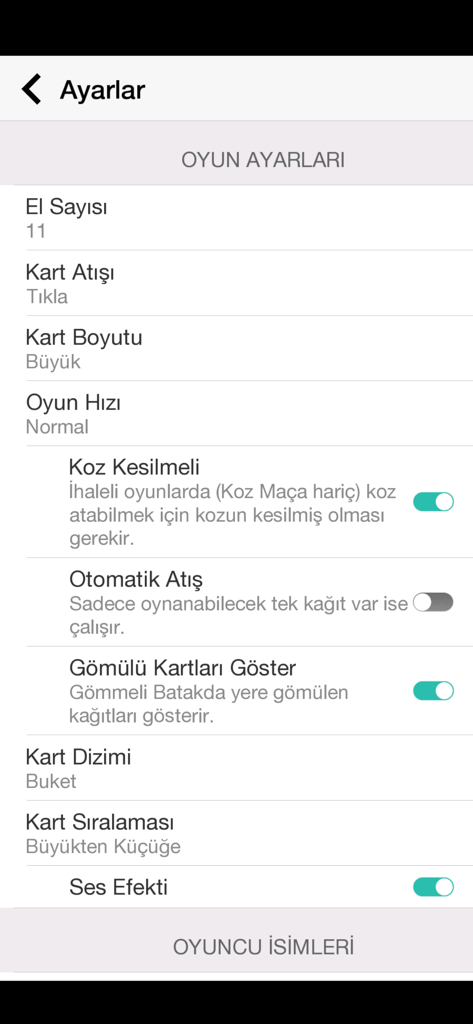 Batak card game settings menu displaying options for hand count game speed card size and sound effects