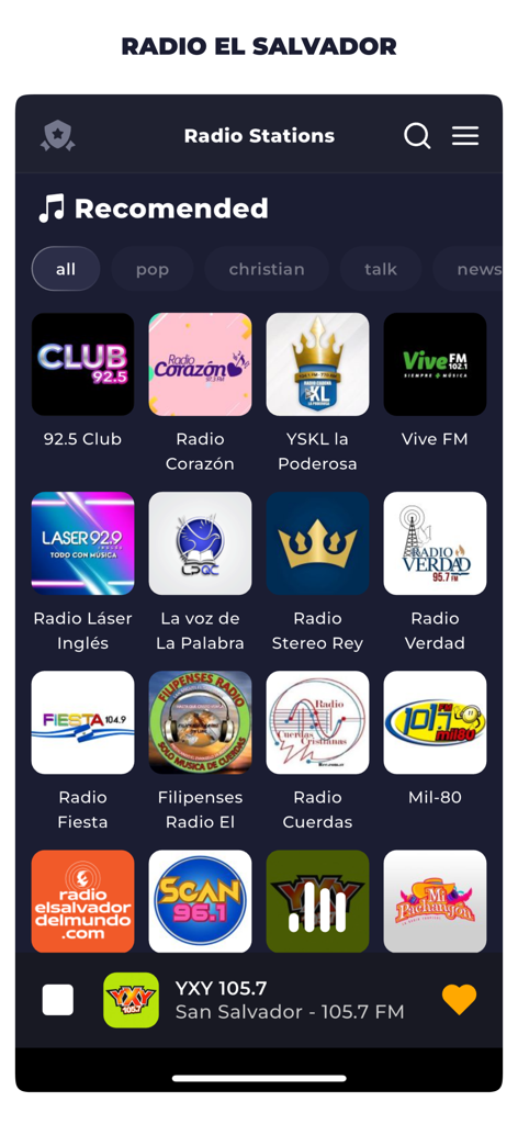 Radio El Salvador Live FM AM - Una pantalla de una aplicación móvil que muestra una cuadrícula de logotipos de estaciones de radio salvadoreñas bajo una sección recomendada.