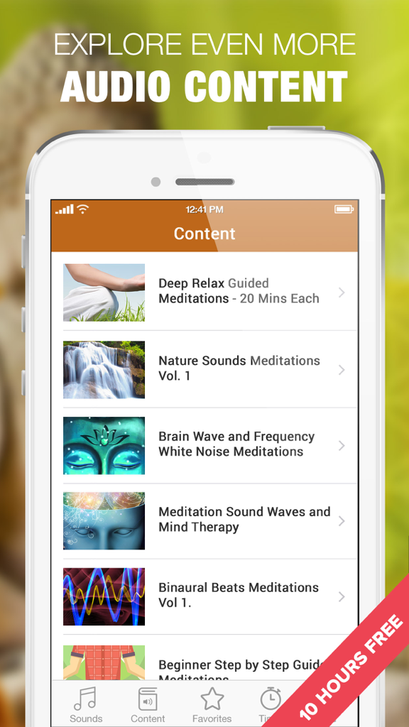 Meditation Bell, Bowls, Chants - Interface of the meditation app showing various audio categories including nature sounds binaural beats and guided relaxations