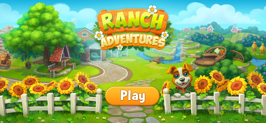 Ranch Adventures - Main menu of Ranch Adventures game featuring a colorful ranch landscape with Buddy the dog