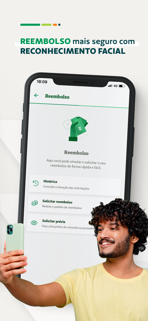 A man using facial recognition for secure reimbursement on the Unimed CNU mobile app