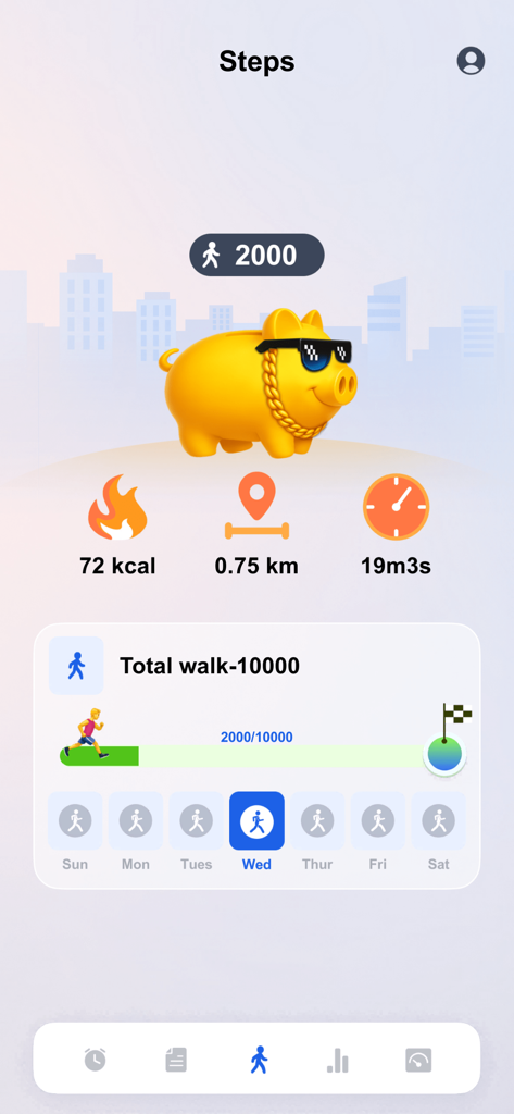 Interface do aplicativo Walking Track mostrando 2000 passos com progresso diário e estatísticas de atividade, incluindo calorias e distância.