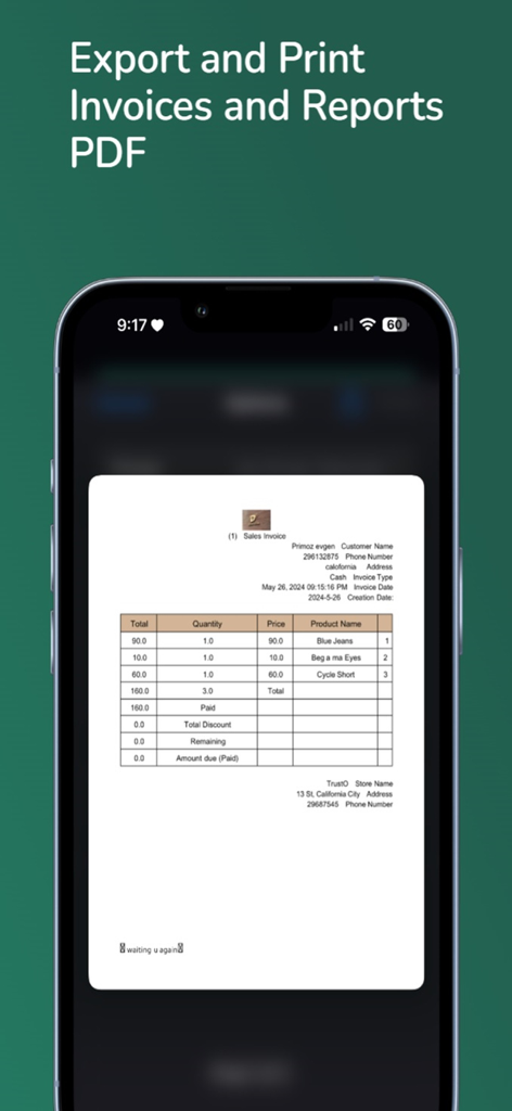 Prosto إدارة المخزن والمبيعات - ProstoアプリのプロフェッショナルなPDF売上請求書。商品と価格の詳細を表示するスマートフォン画面