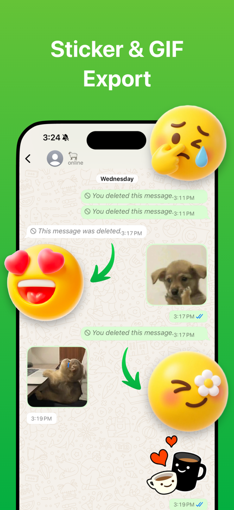 Interfaz de la aplicación ReChat que muestra la función de exportación de stickers y GIFs para mensajes recuperados.