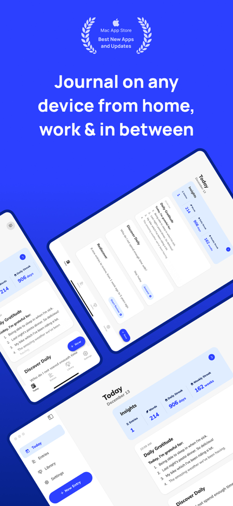 Clearful - Journal & Diary - Clearful journal app interface displayed on iPhone, iPad, and Mac showing daily gratitude entries and progress insights.