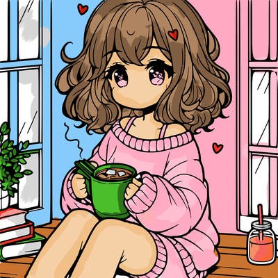 cute anime girl reading book and drinking hot chocolate from mug with loose wavy hair wearing a baggy sweatshirt and shorts sitting by windowsill looking out