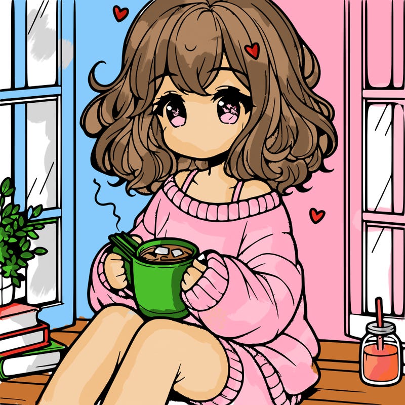 cute anime girl reading book and drinking hot chocolate from mug with loose wavy hair wearing a baggy sweatshirt and shorts sitting by windowsill looking out