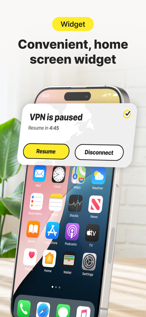 Norton VPN widget on an iPhone home screen showing a paused status with resume and disconnect buttons.