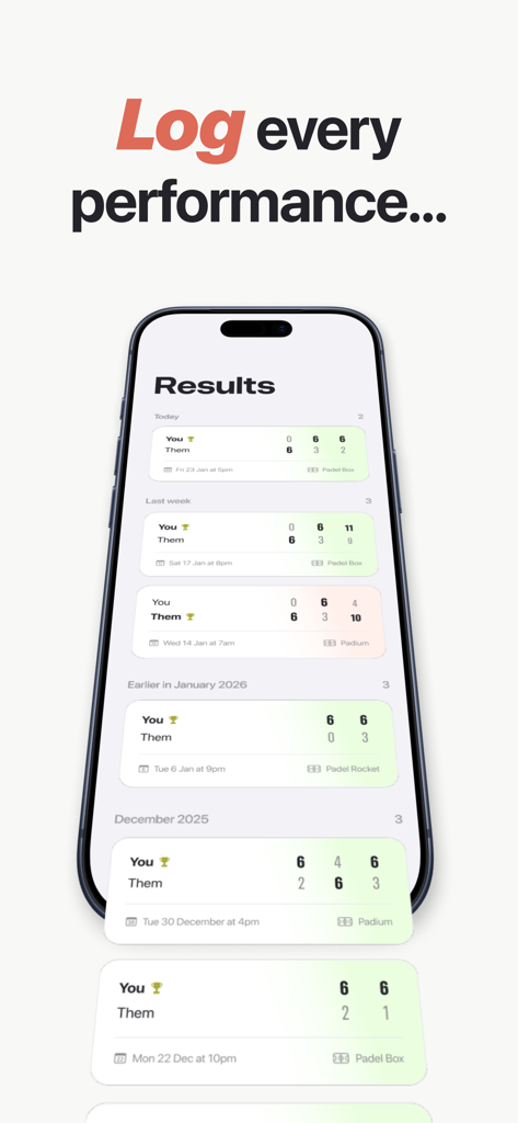 Padel Pointer: Score Tracker - Padel Pointer app results screen displaying a log of match scores and performance