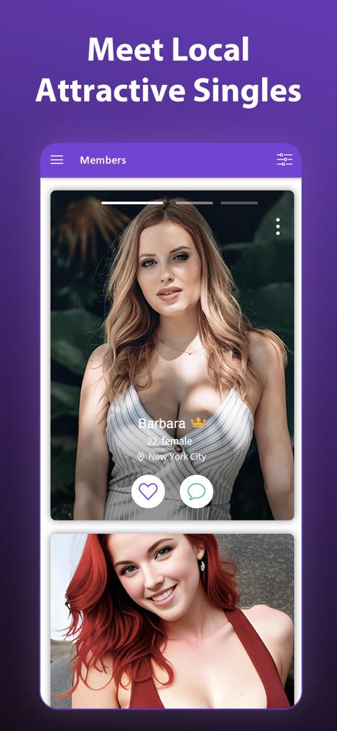 A screenshot of the Pernals dating app showing local member profiles with names, ages, and locations.