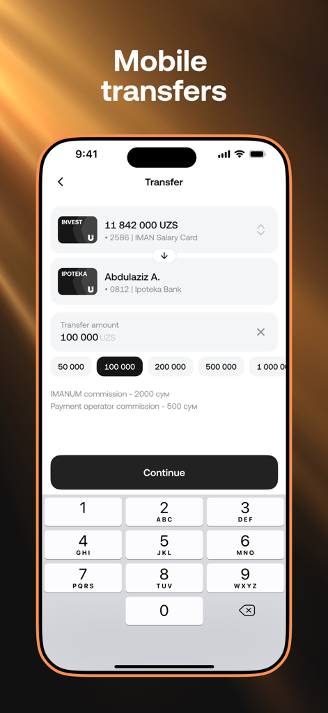 A mobile app screen for the IMANUM fintech platform showing a money transfer interface with balance details and a numerical keypad.