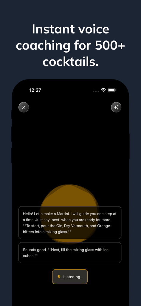 Cocktails & AI Bartender - The Cocktale app interface showing an AI voice assistant guiding a user through a cocktail recipe.