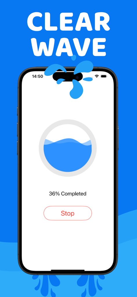 Clear Wave: Water Eject - Clear Wave mobile app interface showing water ejection process on an iPhone