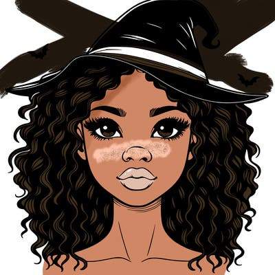 realistic black girl with wavy hair and witch hat and nose and lips