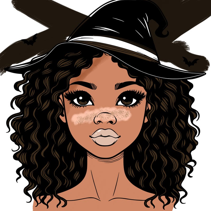 realistic black girl with wavy hair and witch hat and nose and lips
