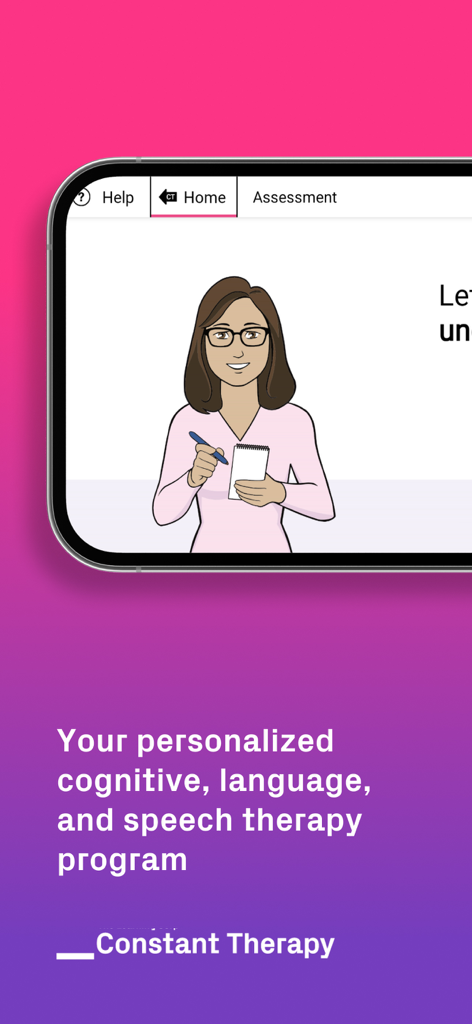 Constant Therapy: Brain+Speech - Constant Therapy app screenshot showing a clinician illustration and personalized cognitive speech therapy program text