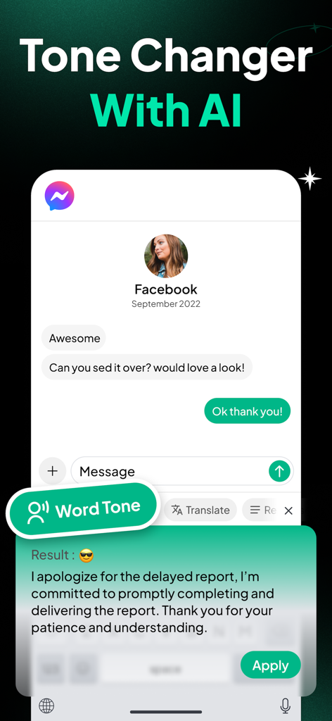 TypeFix: AI Writing Keyboard - Le clavier IA TypeFix démontre la fonctionnalité de changement de ton professionnel dans une application de messagerie
