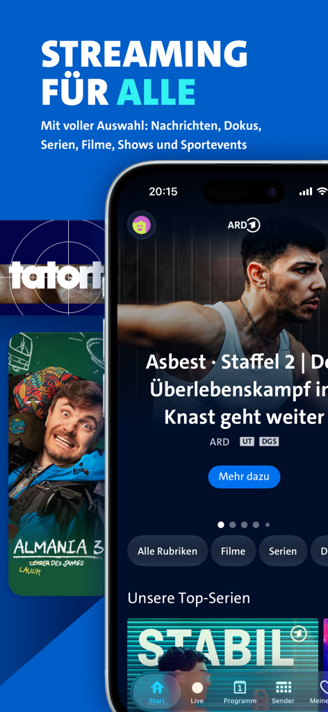 Schermata dello smartphone che visualizza l'app ARD Mediathek con programmi TV tedeschi e categorie