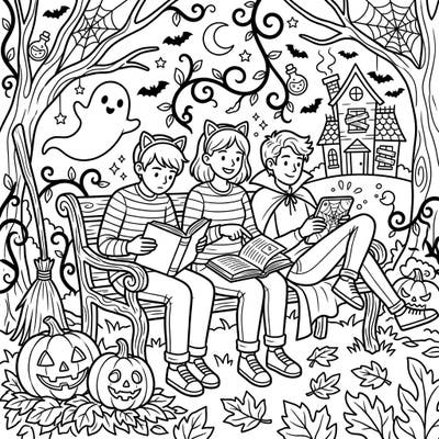 Gather your colored pencils for a wickedly fun Halloween reading scene! This page showcases teenagers enjoying their favorite books, surrounded by all things spooky and delightful.