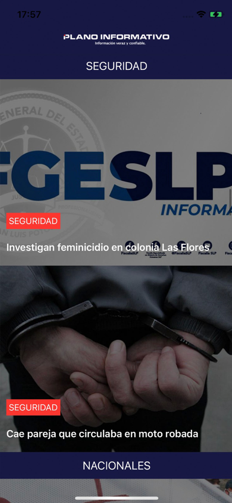 Plano Informativo - Security news section of the Plano Informativo app showing local headlines from San Luis Potosi.