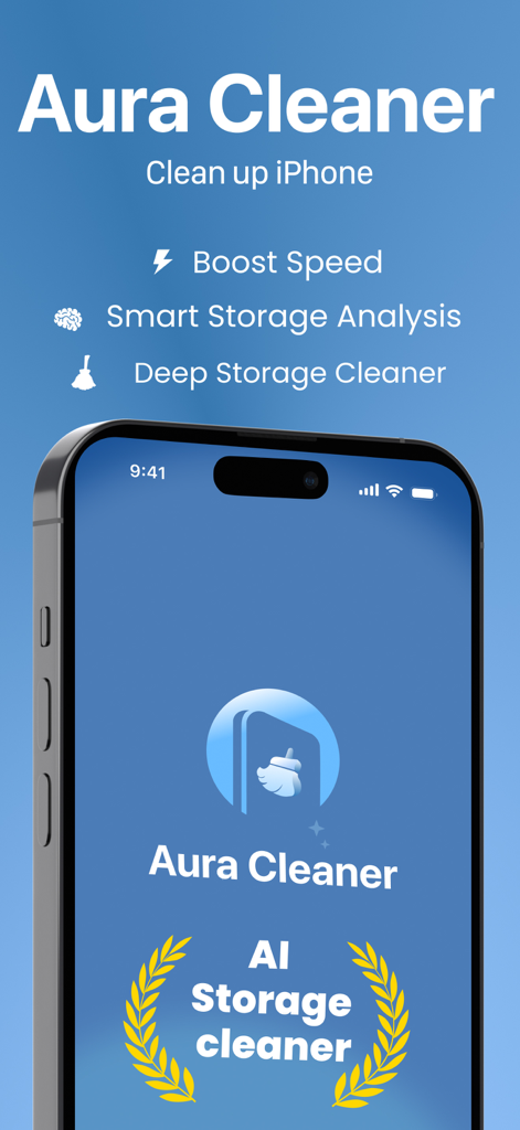 Aura Cleaner: Clean Up Storage - Pantalla de inicio de la aplicación Aura Cleaner promocionando la limpieza del almacenamiento del iPhone con IA