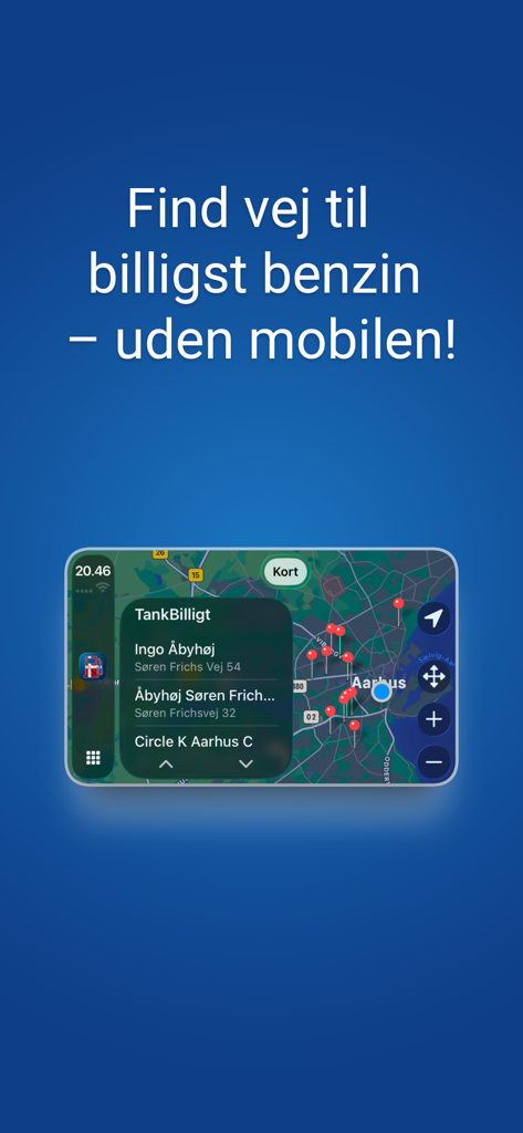 TankBilligt app showing gas station locations on a car dashboard via Apple CarPlay