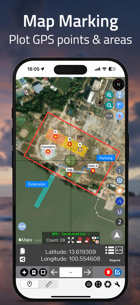Coordinates – GPS Converter - Coordinates app interface showing satellite map marking with plotted GPS points and color coded land areas