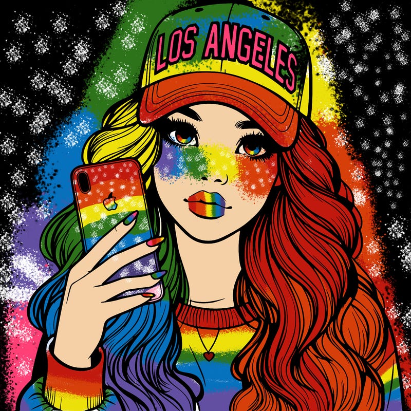 realistic beautiful girl wearing los ángeles cap holding an iphone