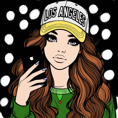 realistic beautiful girl wearing los ángeles cap holding an iphone