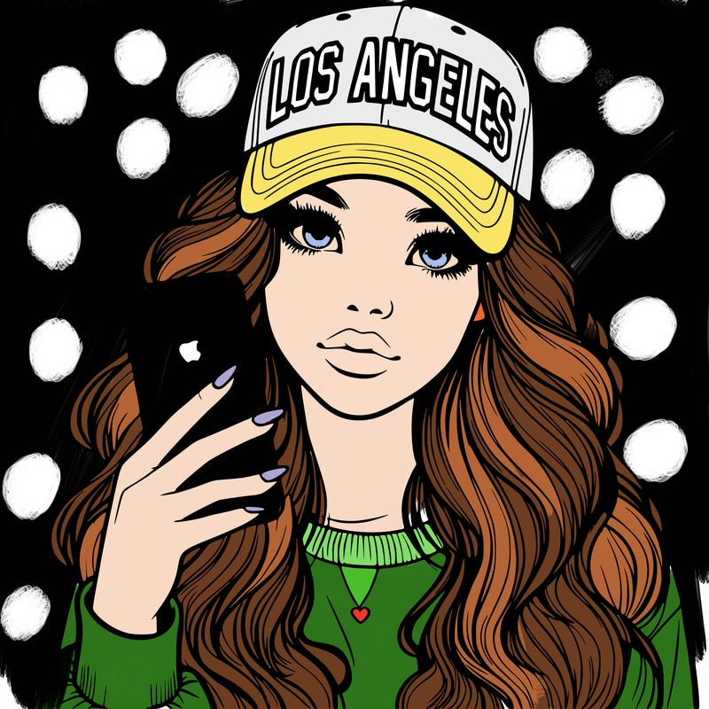 realistic beautiful girl wearing los ángeles cap holding an iphone