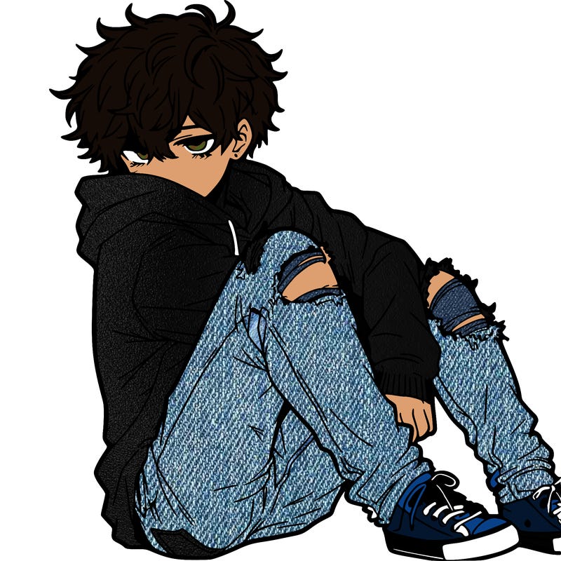 a male hoddie ripped jeans messy hair anime