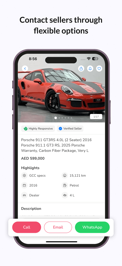 DubiCars | Used & New Cars UAE - DubiCars app showing a red Porsche listing with buttons to call email or message via WhatsApp