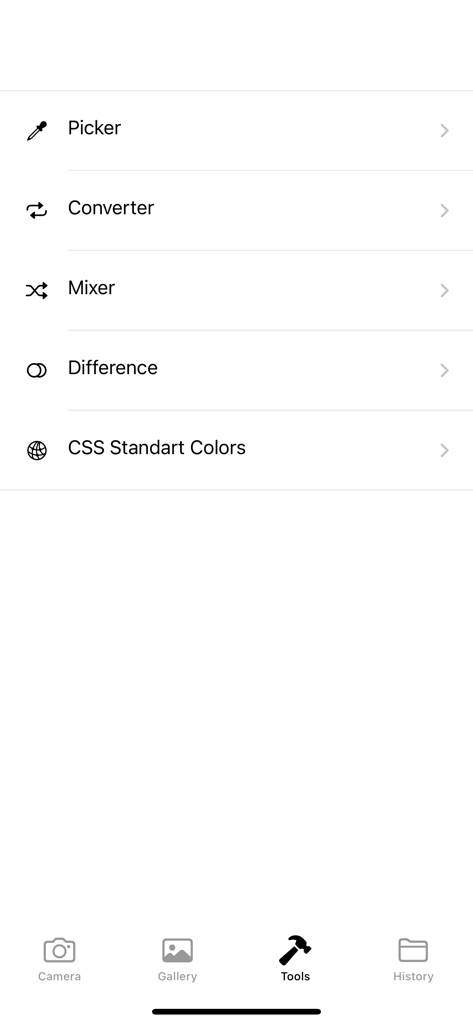 Colorimeter App - Interface das ferramentas do App Colorímetro mostrando opções de seletor, conversor, misturador e cores CSS