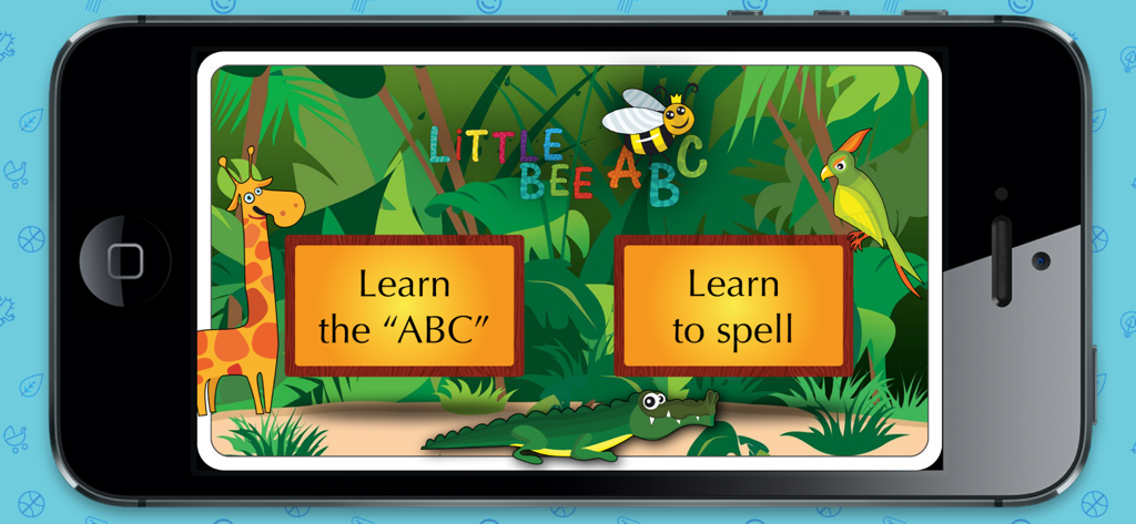 Little Bee ABC Fun - Little Bee ABC Fun main menu on an iPhone featuring jungle animals and options to learn the alphabet and spelling