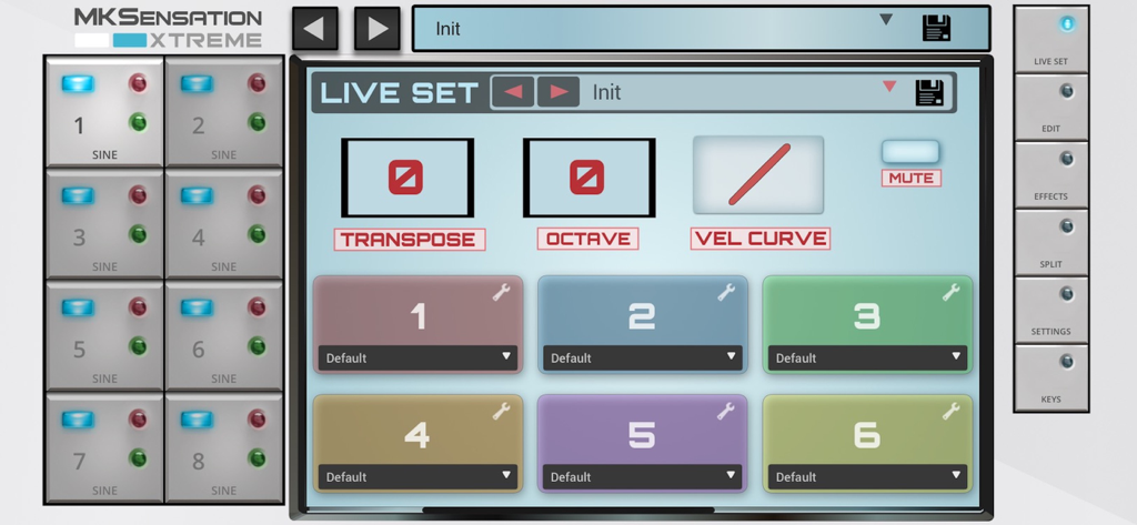 MKSensation Xtreme - MKSensation Xtreme app interface showing the live set mode with sound slots and performance controls