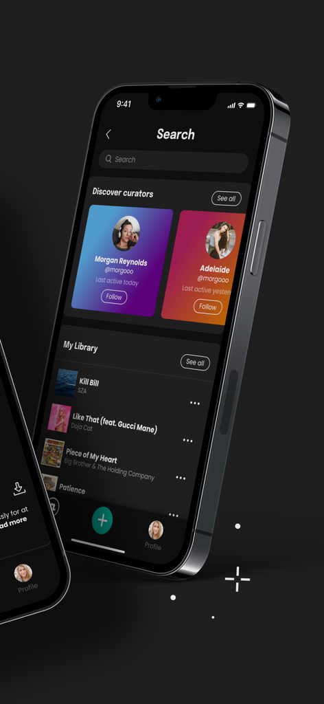 Needle Music app search screen displaying curator profiles and personal music library on an iPhone
