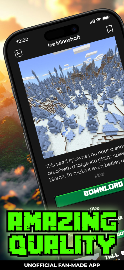 Screenshot of the MCPE AddOns app showcasing a high quality Ice Mineshaft map for Minecraft