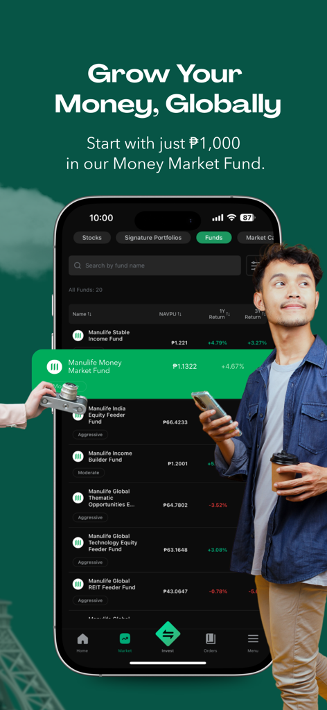 DragonFi – Stocks & Funds - Interfaccia dell'app DragonFi che mostra fondi di investimento globali e opzioni di mercato monetario