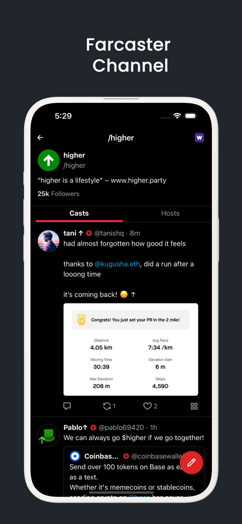 Recaster - Farcaster Client - Recaster app screenshot showing a Farcaster channel feed with social media posts in dark mode