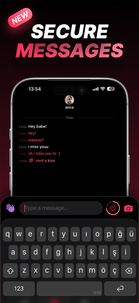 Thumbkiss: Couple Touch - Secure messaging interface for couples in the Thumbkiss app showing a private chat