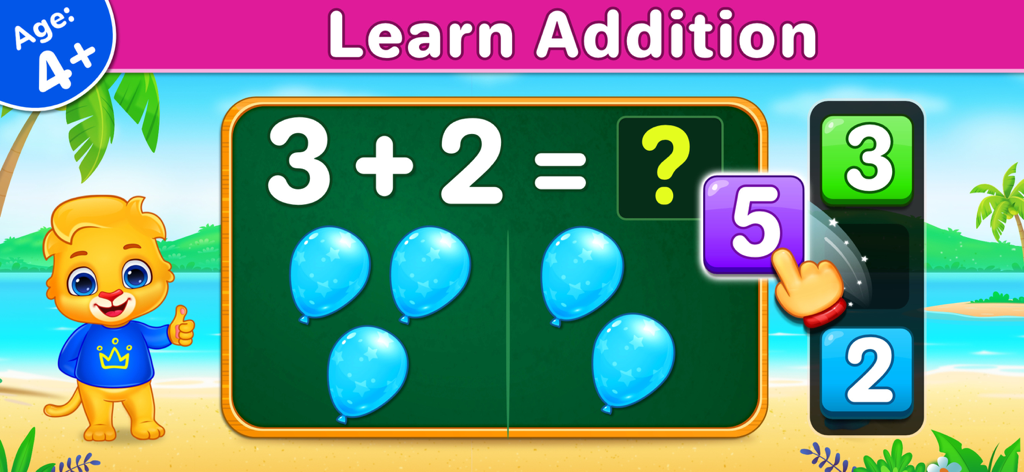 Educational screen from Math Kids app showing an addition puzzle with a cute lion character and blue balloons