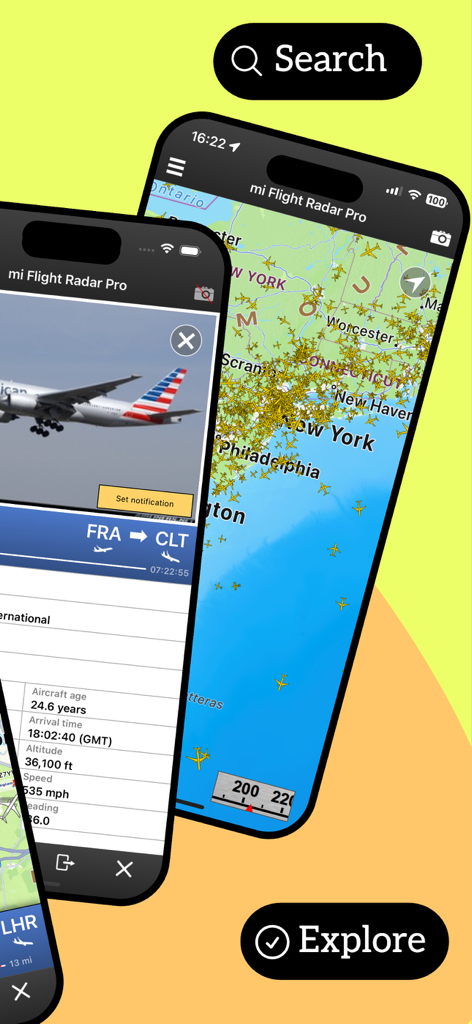 Real time flight tracking map and aircraft details on mi Flight Radar Pro app