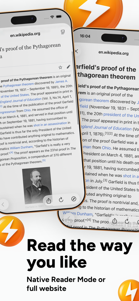 Aplicativo NewsFlash RSS exibido em dois iPhones mostrando o modo de leitura nativo e opções de visualização do site completo para um artigo