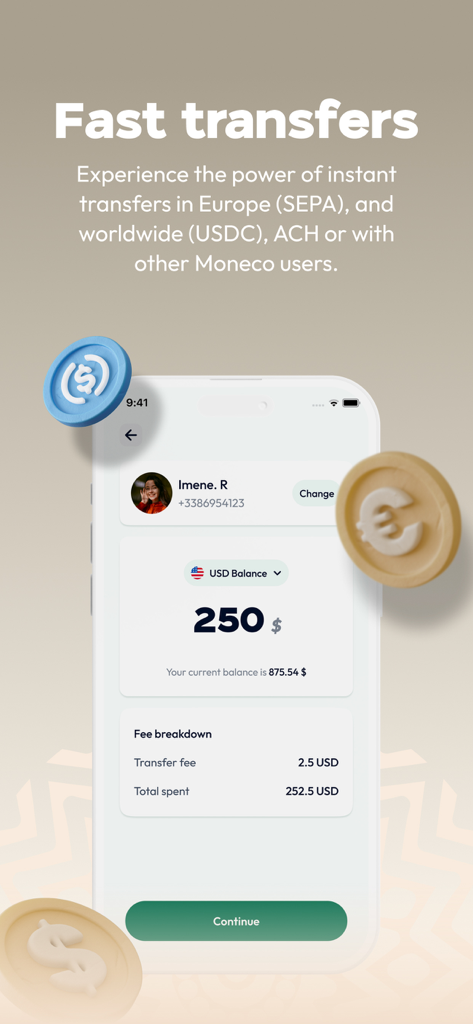 Moneco Mobile-App-Oberfläche mit schnellen Überweisungsoptionen und Aufschlüsselung des USD-Guthabens