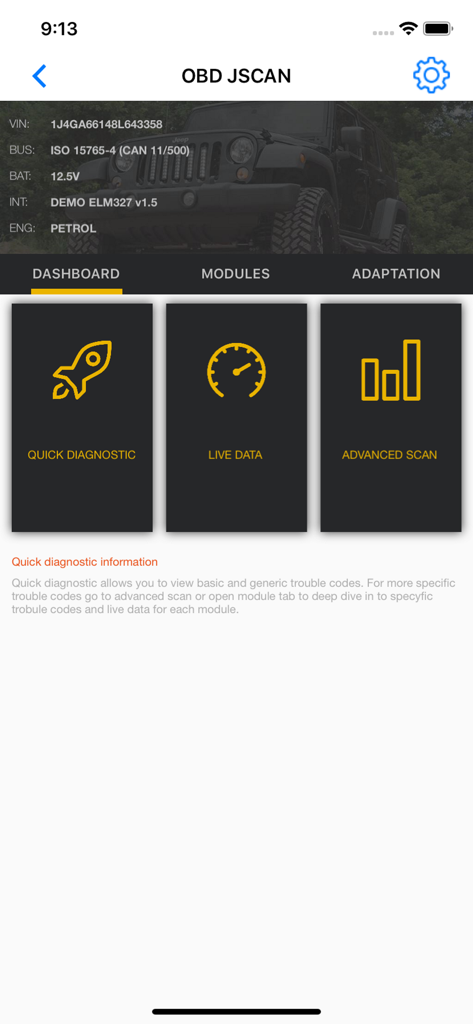 Dashboard of the OBD JScan app showing quick diagnostic, live data, and advanced scan options for vehicles.